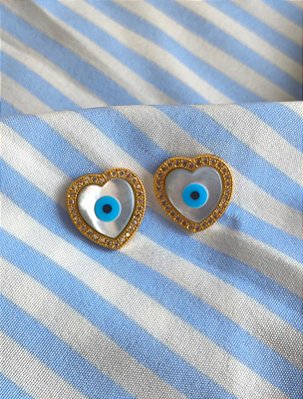Brinco coração olho grego banho ouro 18k