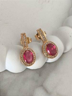 Brinco cravejado zirconia rubi banho ouro 18k