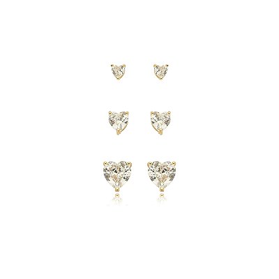 Brinco de trio de coração com zirconia cristal banho em ouro 18k