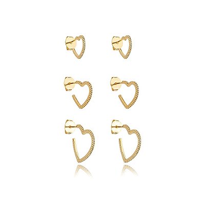 Brinco de trio de coração com zirconia cristal banho em ouro 18k