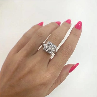 Anel cravejado zirconia banho rodio branco