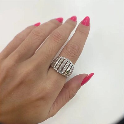 Anel cravejado zirconia banho rodio branco