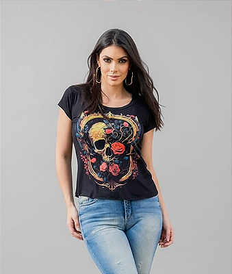 Camiseta Feminina Caveira c/ Rosas