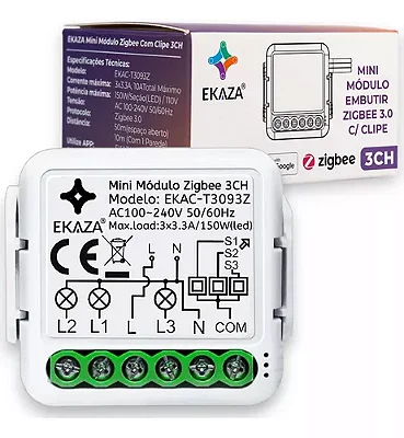 EKAZA Interruptor Mini Módulo Embutido Wi-Fi, 3 Canais – EKAC-T3093WB