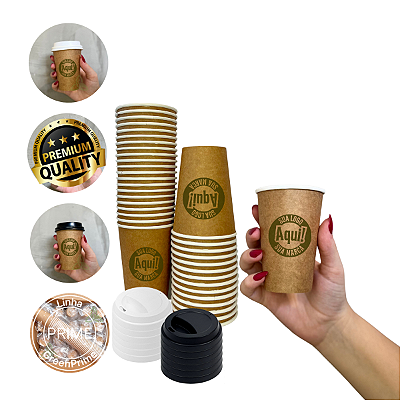 Copo Papel Bio Personalizado Kraft 180ml Café C/Tampa Buck 100un