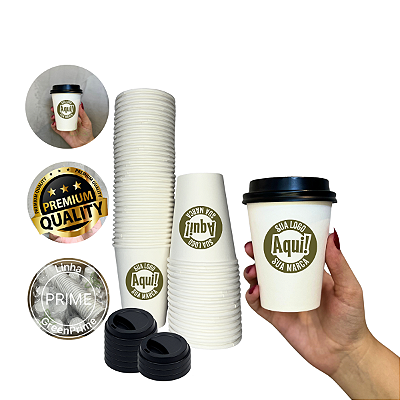 Copo Papel Personalizado 240ml Branco C/ Tampa 100un