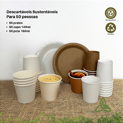 Kit Festa Descartável Sustentável Prato, Copo, Pote 50 pessoas