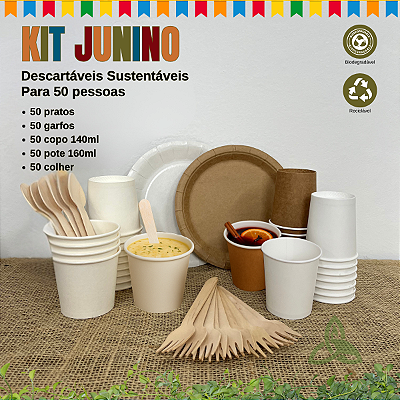 Kit Festa Junina Descartável Sustentável Prato, Copo, Pote e Talheres