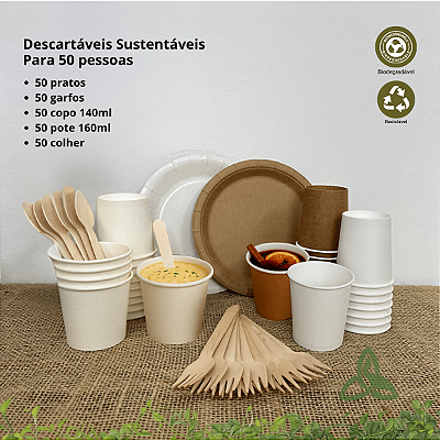 Kit Festa Descartável Sustentável Prato, Copo, Pote e Talheres