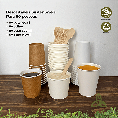 Kit Descartável Biodegradável Copo, Pote e Talheres