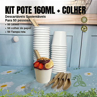 Kit Evento Pote 160ml c/ tampa reta + colher de papel