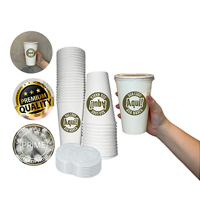 Copo Papel Personalizado 500ml Com Tampa Reta Canudo 120un