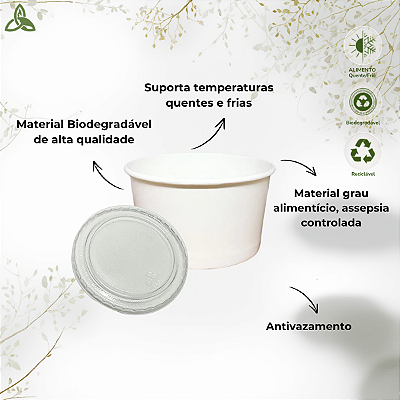 Pote/Bowl de Papel Descartável Biodegradável 550ml C/ Tampa - GreenRes - 100un