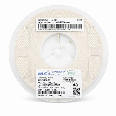 Rolo 4.000 Peças - Capacitor Cerâmico Multicamadas SMD 15PF 50V 0603 (0603N150J500CT) 5%
