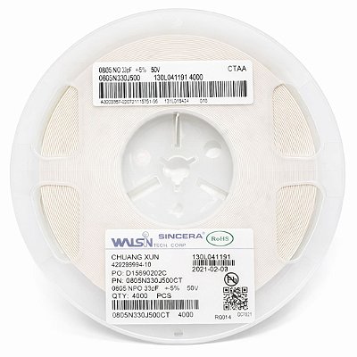 Capacitor SMD 0805 33pF 50V 5% – Carretel 4000 Peças (0805N330J500CT)