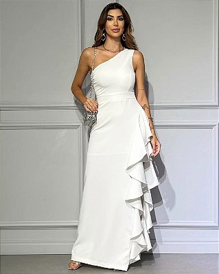 VSBW 592910 Vestido De Noiva Longo Decote De Um Ombro Saia Evase Com Babado - Off White
