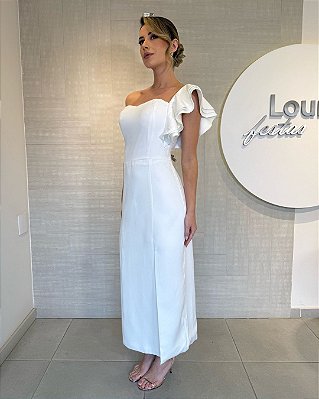 VCK 5003 Vestido De Noiva Longuete Minimalista Com Fenda E Alça Com Babado Unica - Off White