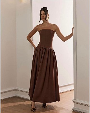 Vestido Longo Tomara que Caia Saia Evasê - Marrom VCK 5006
