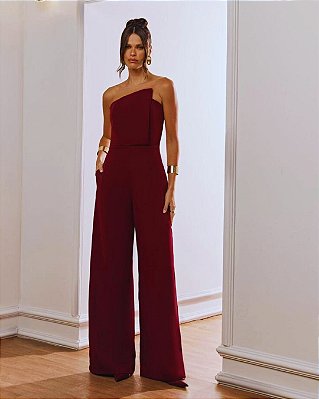 VCK 9009 Macacão Tomara Que Caia Decote Assimetrico E Pantalona Elegante - Bordo