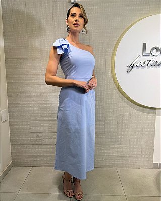VCT 60129 Vestido Decote Um Ombro Com Laço E Saia Evase - Azul