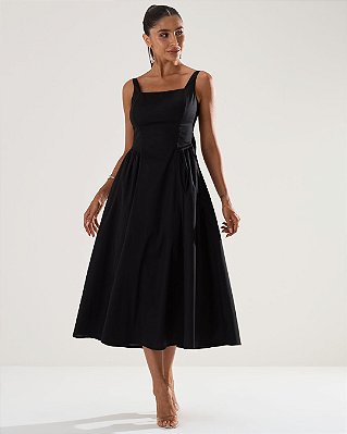 VCT 60292 Vestido Midi Em Tricoline Decote Reto E Saia Evase - Preto