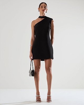 VCT 60085 Vestido Curto Decote Um Ombro Com Gola Chocker - Preto