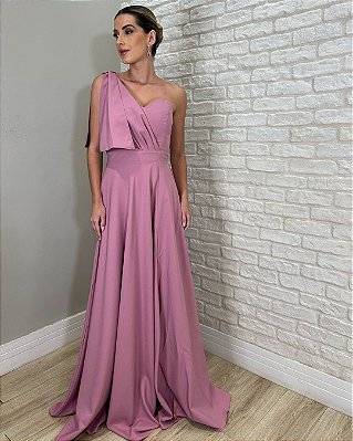 V051 Vestido De Festa Longo Decote Coração De Um Ombro Com Laço - Rosa