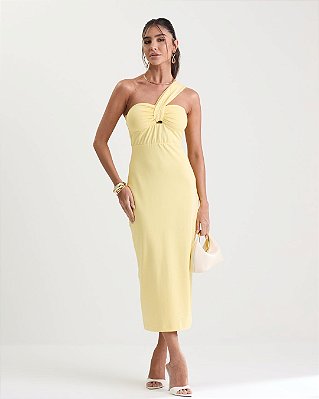 VCT 60387 Vestido Midi Decote Um Ombro - Amarelo