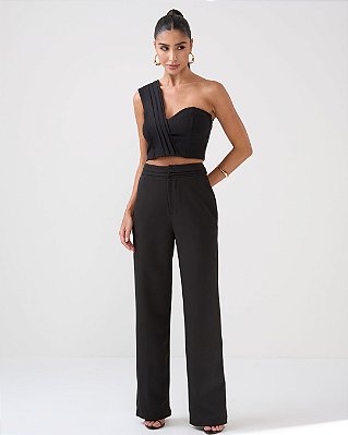 VCT 50237 Conjunto Alfaiataria Top Em Cropped Um Ombro - Preto