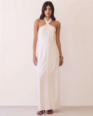 VCG 26305 Vestido Midi Frente Única em Linho - Off White
