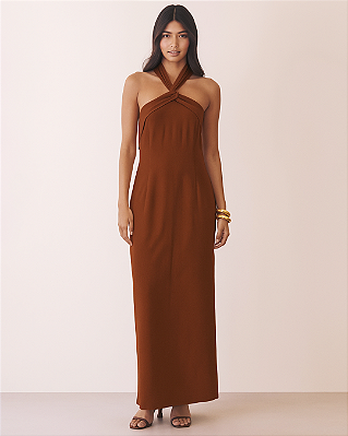 VCG 26305 Vestido Midi Frente Única em Linho - Marrom