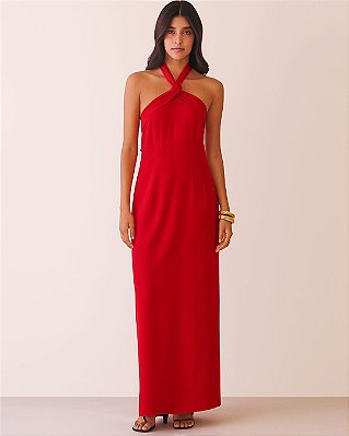 VCG 26305 Vestido Midi Frente Única em Linho - Vermelho