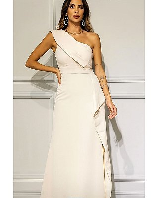 VSBW 59346 Vestido Civil Um Ombro Com Faixa Lateral - Off White