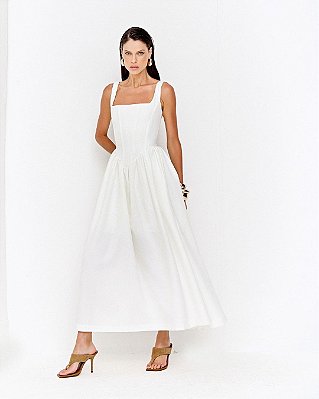 VCK 60020 Vestido Longuete Decote Quadrado E Recorte em V Na Cintura - Off White