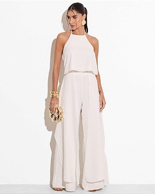 Conjunto Feminino Off White Elegante com Blusa Halter Neck e Calça Pantalona - VCT 50327