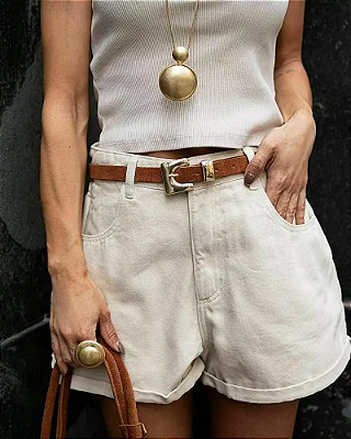 Shorts Jeans Elástico Costas MOM Bege