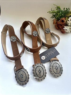 Cinto Couro Boho Fivela Flor