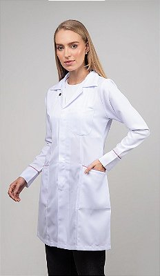 Jaleco Feminino Gabardine Acinturado Branco com detalhes em viés colorido