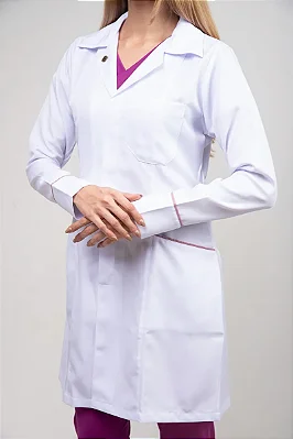 Jaleco Feminino Gabardine Acinturado Branco com detalhes em viés colorido