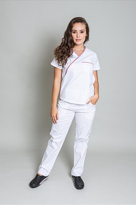 Scrub Feminino Sarja Off White Com Viés Rosa