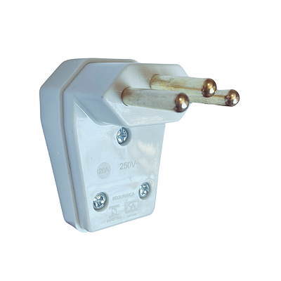 Plugue Macho 90° Branco 20A 3 Pinos C/ Prensa Cabo