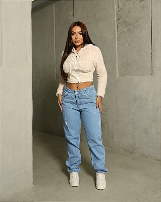 Jaqueta Cropped Feminina Teddy Couro Fake Manga Longa