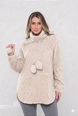 Blusa De Frio Teddy Gola Alta Pompom Feminino