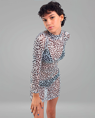 VESTIDO GOLA ALTA E MANGA LONGA EM TULE ESTAMPADO SEGUNDA PELE - FRENZY