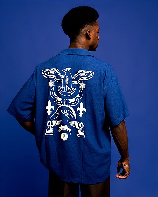 Camisa oversized em mescla de linho - Armorial - Azul