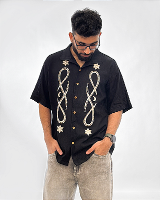 Camisa oversized em mescla de linho - Armorial - Preto