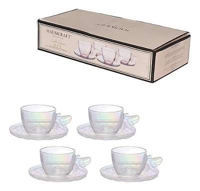 Jogo de Xícaras para Café com Pires de Vidro Bee 80ml 4 Peças Hauskraft Ref.JGXC101
