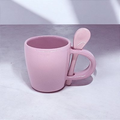 Caneca Rosa com Colher 300ml