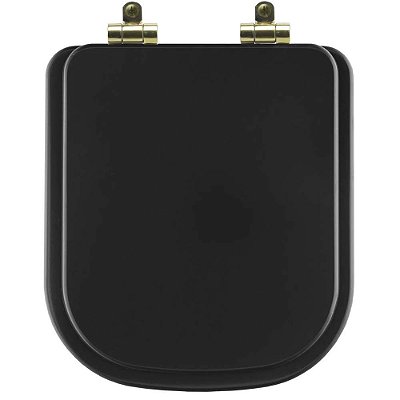 Assento Sanitário Poliéster Soft Close Quadra Preto Fosco para Vaso Deca com Ferragem Dourada