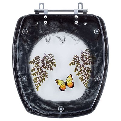 Assento Sanitario Poliester Decorado Borboleta Fit Preto para vaso Celite